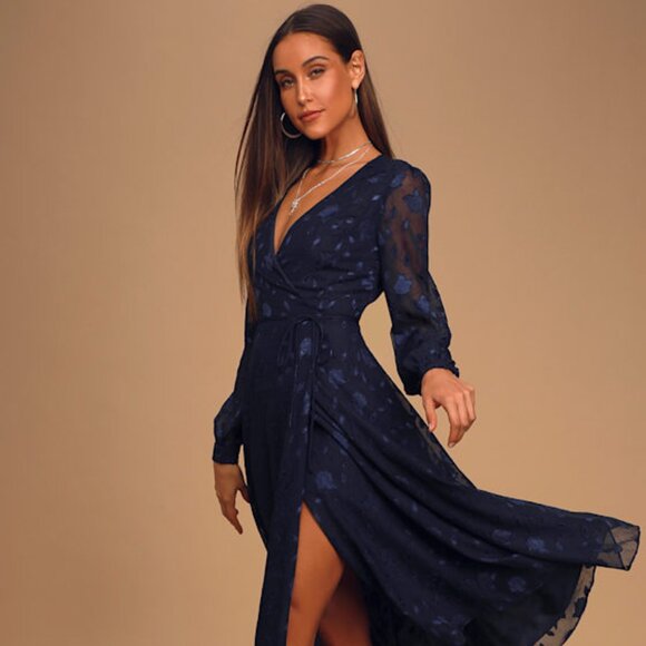 Lulus Evening Of Elegance Navy Blue Floral Jacquard Wrap Midi Dress - Size M - Picture 1 of 1